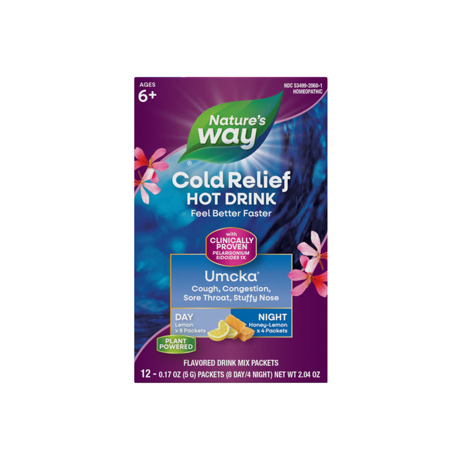 Nature’s Way Umcka® Cold Care Day+Night Soothing Hot Drink for ages 6+ contains Pelargonium sidoides to relieve cough, congestion, sore throat, and stuffy nose. Includes 12 honey-lemon and mint mix packets for day or night use.