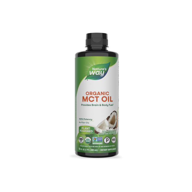 A bottle of Natures Way 100% Organic MCT Oil with a green and white label, coconuts, and certification logos. This plant-based, odorless oil is an energy supplement for brain and body fuel.