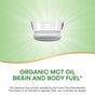 A clear glass bowl filled with a white liquid, reminiscent of coconut oil, sits on a green gradient background with rays. Below, text reads: Nature’s Way 100% Organic MCT Oil – For Brain & Body Fuel. Disclaimer: FDA evaluation not conducted.