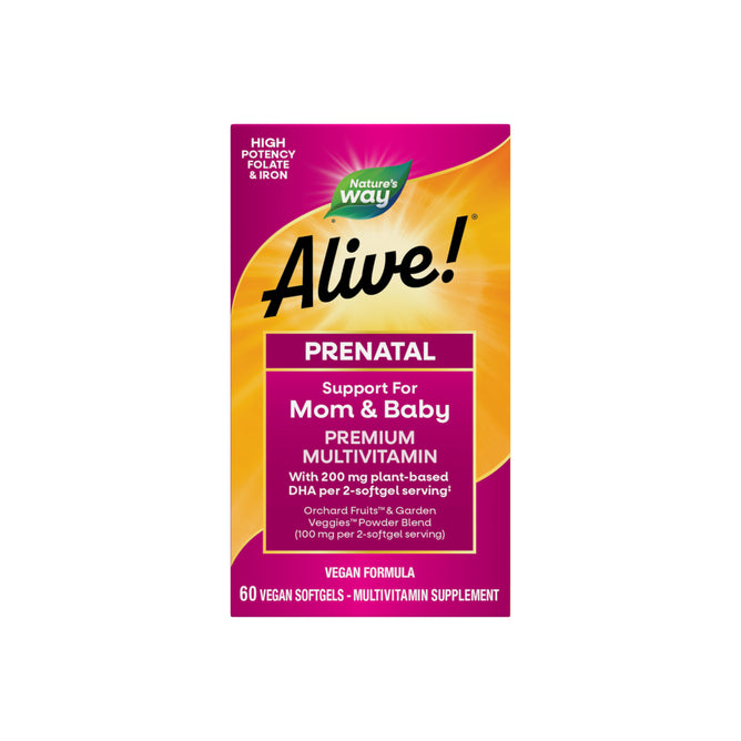 The purple and yellow box of Nature’s Way Alive!® Premium Prenatal Multivitamin contains 60 vegan softgels for mom and baby support, with plant-source DHA, folate, iron, and other essential nutrients.