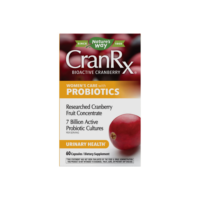 A box of Natures Way CranRx® Womens Care with Probiotics for women, showing cranberries. The box notes urinary health support and contains 60 capsules with 7 billion active probiotic cultures per serving.