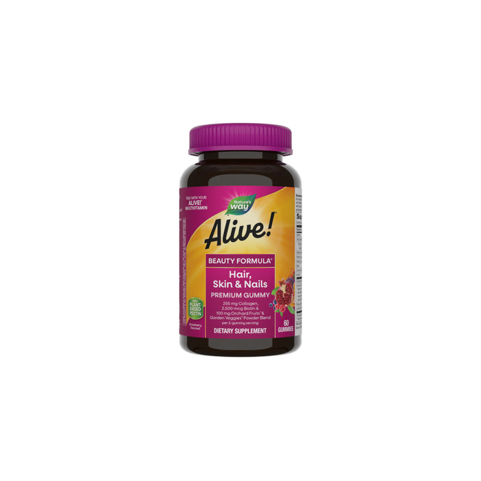 A bottle of Natures Way Alive! Hair, Skin & Nail Gummy 60ct with a pink and yellow label and purple cap is shown against a plain white background.