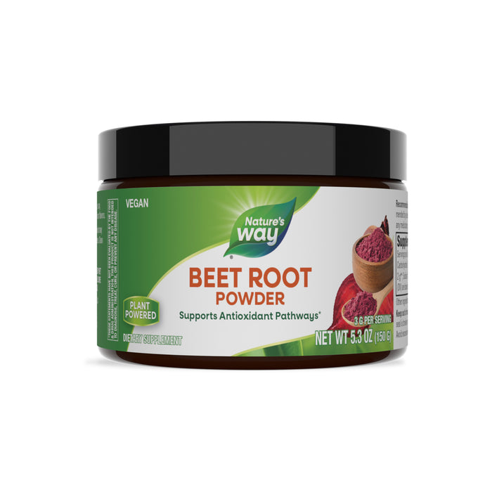 Nature’s Way Beet Root Powder features a green and white label with beet images, supports antioxidant pathways, is plant powered and vegan, and provides essential phytonutrients from beet root.