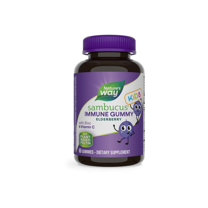 A bottle of Nature’s Way Sambucus Kids Gummy - For Immune Support, with a purple cap and elderberry-themed label. Contains black elderberry extract, zinc, vitamin C, and has 60 gummies per bottle.