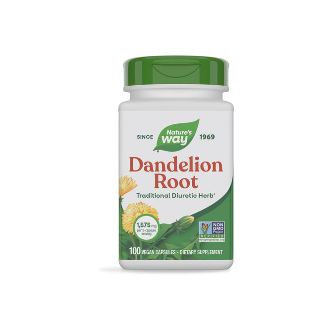 A white bottle of Natures Way Dandelion Root with 100 vegan capsules, featuring dandelion flowers and leaves, Non-GMO Project Verified, traditionally used as a diuretic herb in teas.