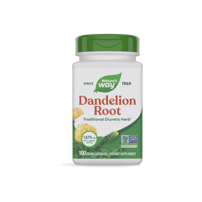 A white bottle of Natures Way Dandelion Root with 100 vegan capsules, featuring dandelion flowers and leaves, Non-GMO Project Verified, traditionally used as a diuretic herb in teas.