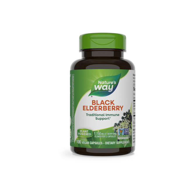 Natures Way Black Elderberry - For Traditional Immune Support features a green-capped bottle with images of elderberries and leaves, containing 100 vegan capsules.
