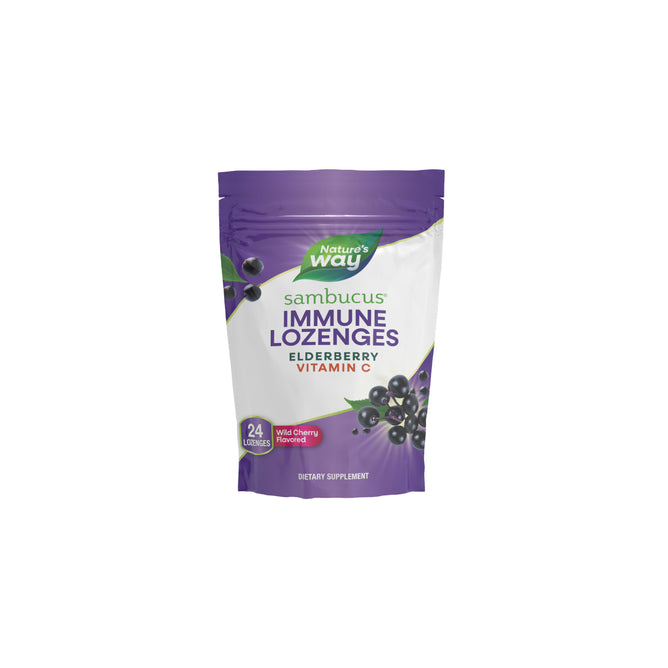 A purple and white bag of Nature’s Way Sambucus Vitamin C Lozenges contains 24 wild cherry flavored lozenges, featuring elderberry and vitamin C, with images of elderberries and cherries on the packaging.