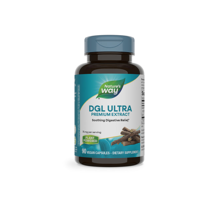 Nature’s Way DGL Ultra Premium Extract, in a blue and green label bottle, offers “Soothing Digestive Relief” from licorice root extract. The vegan formula has 90 capsules, highlights “Plant Powered,” and shows licorice roots on the label.