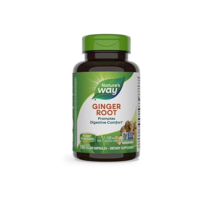 A bottle of Nature’s Way Ginger Root - For Traditional Digestive Support features a green cap, non-GMO certification, and contains 100 vegan capsules per bottle.