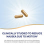 Two brown capsules appear on a light blue background with rays above the text: Natures Way Ginger Root – For Traditional Digestive Support to help reduce motion-related nausea. FDA disclaimer shown below.