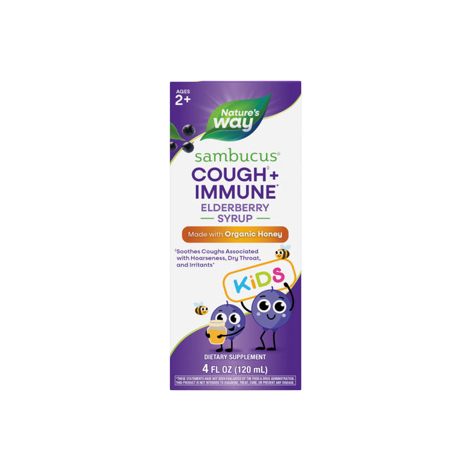 Front label of a Natures Way Sambucus Kids Cough + Immune Elderberry Syrup box for ages 2+, with smiling elderberries, bees, and text promoting organic honey and immune support to soothe kids’ coughs.