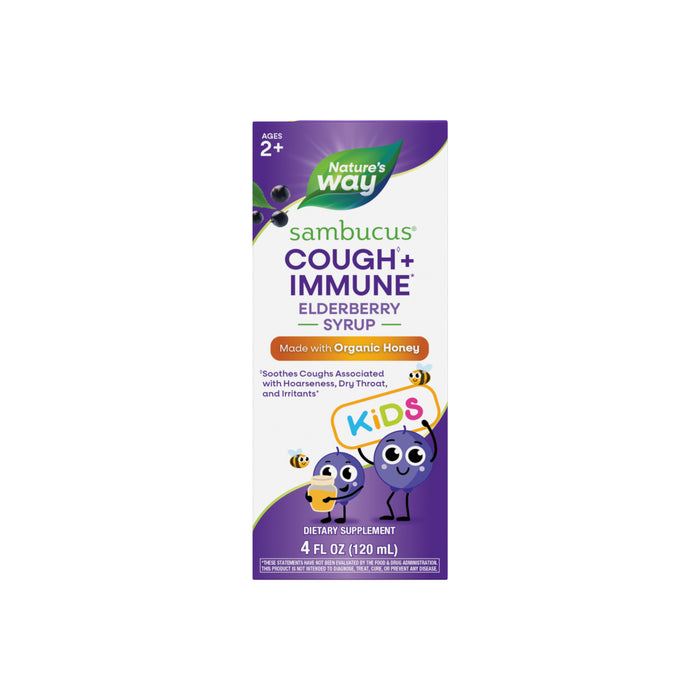 Front label of a Natures Way Sambucus Kids Cough + Immune Elderberry Syrup box for ages 2+, with smiling elderberries, bees, and text promoting organic honey and immune support to soothe kids’ coughs.
