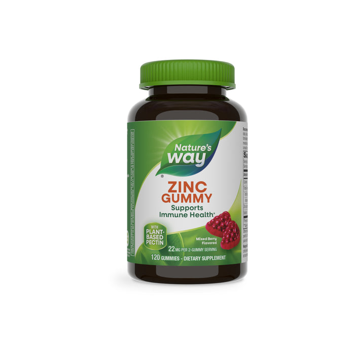 A bottle of Nature’s Way Zinc Gummy dietary supplement, labeled as supporting immune health, plant-based pectin, mixed berry flavor, containing 120 gummies. The bottle features an image of raspberries.
