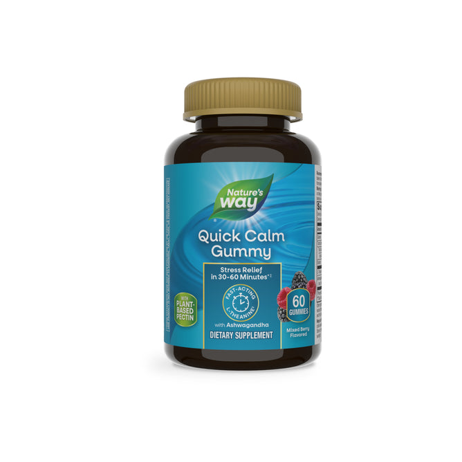 A bottle of Nature’s Way Quick Calm Gummy features a brown container, gold cap, blue label, contains 60 mixed berry flavor gummies for stress relief with Ashwagandha as a key ingredient.