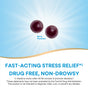 Two round, berry-flavored Quick Calm Gummies by Natures Way are centered above the text: “Fast-acting stress relief, drug free, non-drowsy.” Small print offers further details and disclaimers on a light blue and white background.