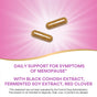 Two brown EstroSoy™ capsules from Natures Way on a pink background with light rays. Text: Daily menopause relief* with black cohosh, fermented soy extract, and red clover. Small print: FDA disclaimer.