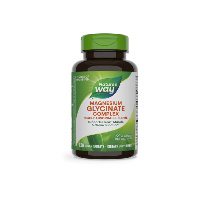 Natures Way Magnesium Glycinate Complex offers 120 vegan tablets with a green cap and label, providing highly absorbable magnesium to support heart, muscle, and nerve function.