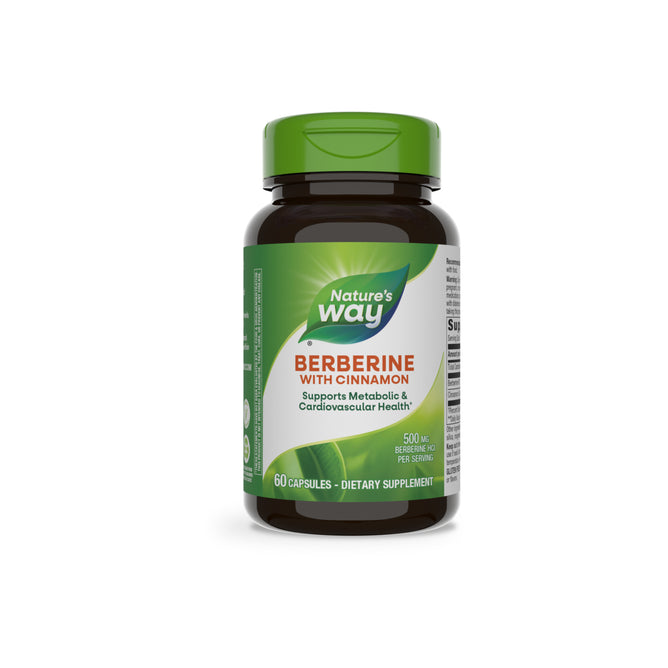 Natures Way Berberine with Cinnamon, 60 capsules, supports metabolic and cardiovascular health. Features a green cap and label.