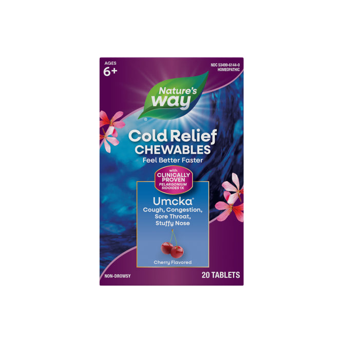 Box of Nature’s Way Umcka® Cold Relief Chewables, homeopathic cold medicine for ages 6+, cherry flavor, 20 tablets. Front highlights relief for cough, congestion, sore throat & stuffy nose with Pelargonium sidoides and floral design.