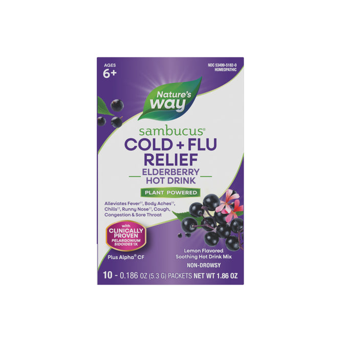 Front of a Natures Way Sambucus Cold+Flu Relief Hot Drink 10pkt box, featuring key benefits, Pelargonium sidoides, elderberry imagery on a purple and white background. Suitable for ages 6+, with product details highlighted.