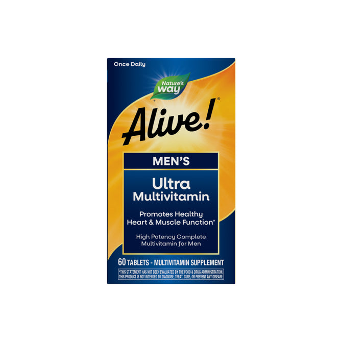 A blue and orange box of Natures Way Alive!® Ultra Multivitamin, with 60 tablets, promotes healthy heart and muscle function with high-potency B-vitamins.