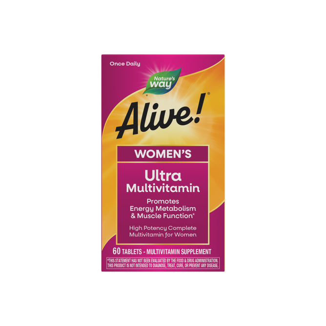 Front of a Natures Way Alive!® Once Daily Womens Ultra Potency Complete Multivitamin box, mainly purple and orange, highlighting support for energy metabolism, immune health, and muscle function. Contains 60 tablets.