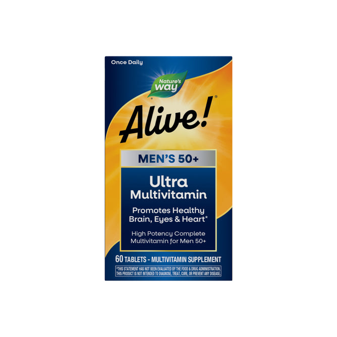Front of a box of Nature’s Way Alive!® Mens 50+ Ultra Multivitamin, a supplement with B-vitamins for heart, brain, and eye health. The blue and yellow packaging contains 60 tablets.