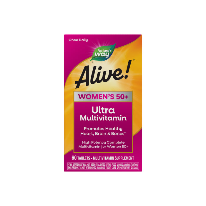 A box of Natures Way Alive!® Once Daily Women 50+ Ultra, with 60 tablets, provides ultra potency multivitamin support for heart, brain, and bones plus antioxidants—specially formulated for women over 50.