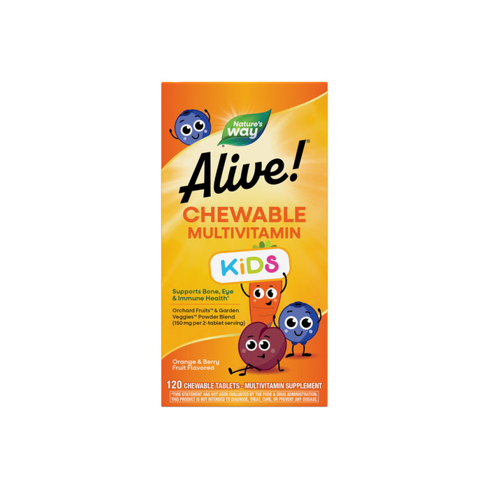 Natures Way Alive!® Kids Chewable Multivitamin supports immune health and kids’ wellness, offering 120 orange and berry flavored chewables in a colorful box with cartoon fruit characters.