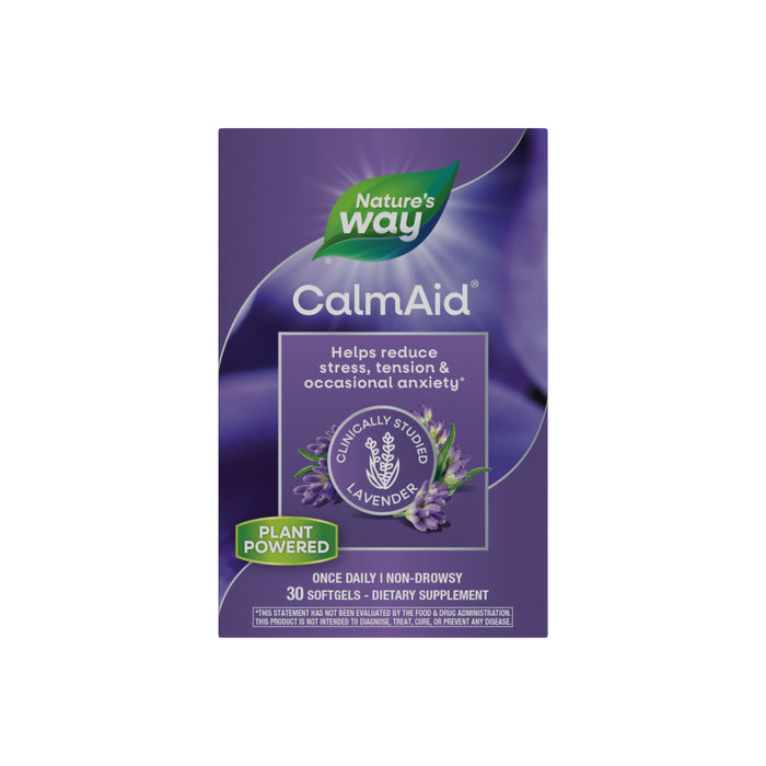 A purple box of Nature’s Way CalmAid® features lavender flowers and text claiming to reduce stress, tension, and occasional anxiety with lavender oil; plant powered and contains 30 softgels.