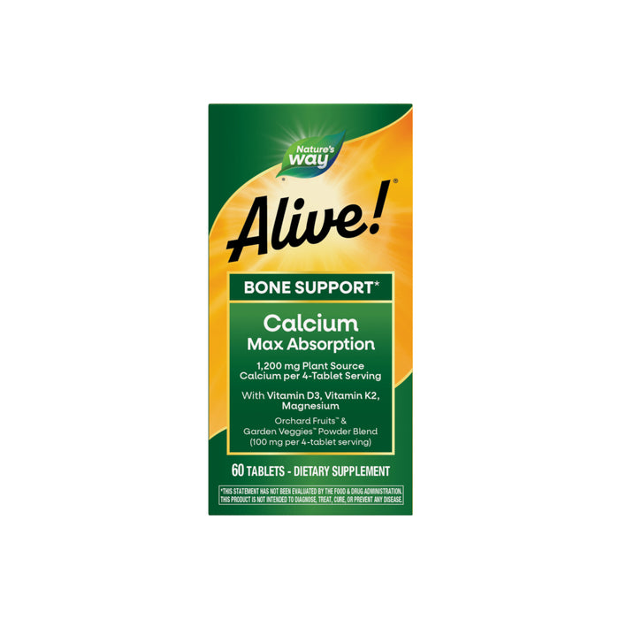 Front view of a green and yellow box of Natures Way Alive! Calcium, featuring 60 tablets with vitamin D3, K2, magnesium, and bone health benefits highlighted on the label.