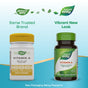 Side-by-side comparison of Nature’s Way Vitamin A - For Healthy Eye Function: older white bottle left, new green and brown bottle right. Text reads Same Trusted Brand, Vibrant New Look—now supports immune system health.