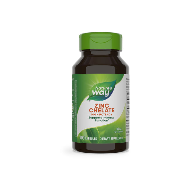 A bottle of Nature’s Way Zinc Chelate - Supports Immune Function features a green cap and label, highlights high potency zinc for immune support, and contains 100 capsules to help maintain immune health.