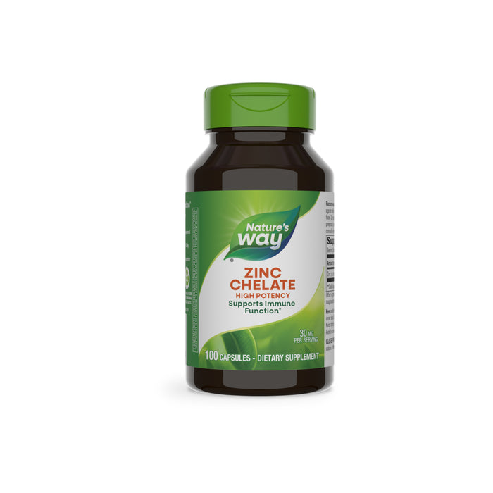 A bottle of Nature’s Way Zinc Chelate - Supports Immune Function features a green cap and label, highlights high potency zinc for immune support, and contains 100 capsules to help maintain immune health.