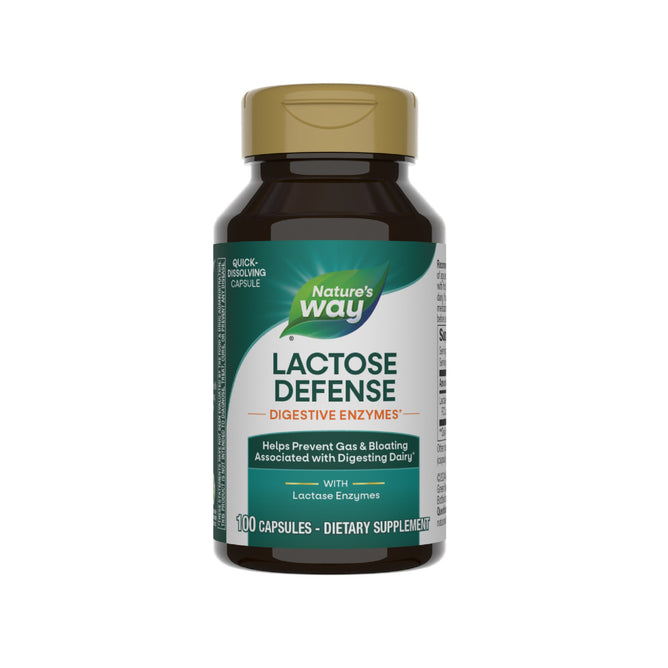 Nature’s Way Lactose Defense Digestive Enzymes, 100 capsules, comes in a green-labeled bottle. It supports lactose digestion and helps prevent gas and bloating from dairy.