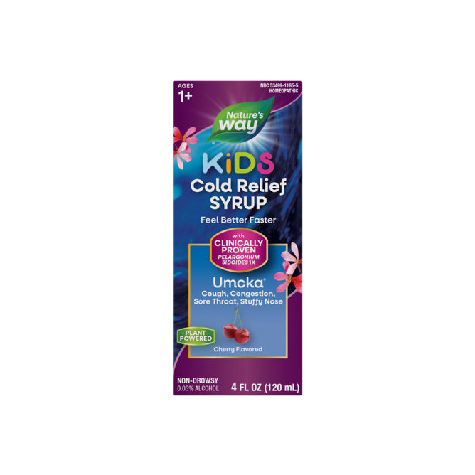 Natures Way Kids Cold Relief Syrup for ages 1+ has a cherry flavor and features clinically proven Pelargonium sidoides to support cough, congestion, sore throat, and stuffy nose. Plant-powered homeopathic formula, 4 fl oz.