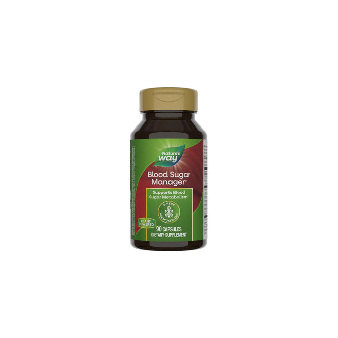 A bottle of Nature’s Way Blood Sugar Manager, featuring a green label and brown cap, contains 90 capsules with gymnema extract to support healthy carbohydrate metabolism and blood sugar levels.