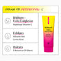 A graphic displays a yellow and pink tube of Derma E Vitamin C Whipped Radiance Polish, highlighting its brightening, exfoliating, and hydrating benefits with vitamin C, volcanic ash, lactic acid, and botanical oils.