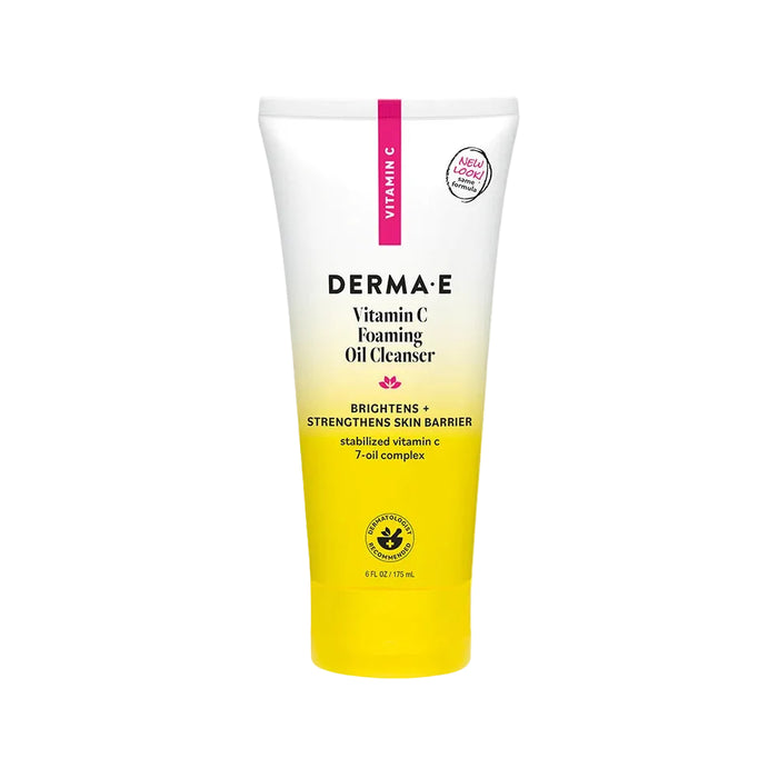 A yellow and white tube of Derma E’s Vitamin C Foaming Oil Cleanser sits prominently, its label showcasing the cleanser’s brightening and skin barrier support. A sticker reads NEW LOOK! same formula, underscoring this Vitamin C Foaming Oil Cleanser’s powerful ability to brighten skin while gently cleansing.