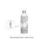 A silver bottle with white graphics, displayed alongside an inset of the same bottle featuring a pump dispenser. Text below reads, New packaging. Same trusted Dirty Labs Bio Laundry Detergent with Phytolase® – Hand Wash & Delicates formula.