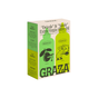 The Graza The Duo Drizzle and Sizzle Olive Oil Gift Set is an ideal gourmet condiment gift, featuring vibrant green and yellow packaging adorned with illustrations of two bottles—Drizzle for finishing and Sizzle for cooking—alongside detailed product information.