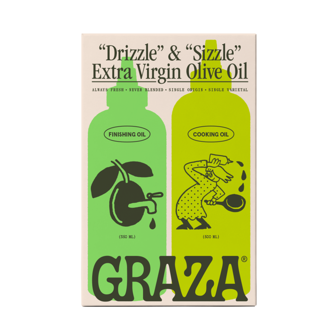 The Duo Drizzle and Sizzle Olive Oil Gift Set by Graza features two illustrated bottles—Drizzle finishing oil and Sizzle cooking oil—with playful green and black designs on a white background, making it a perfect addition to any collection of gourmet condiments.
