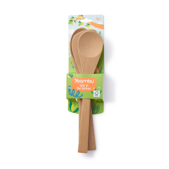 The Bambu "Kids in the Kitchen" set includes three bamboo utensils for ages 3+, packaged with a green label and nature-themed backing—ideal tools to inspire children to help out and have fun cooking in the kitchen.