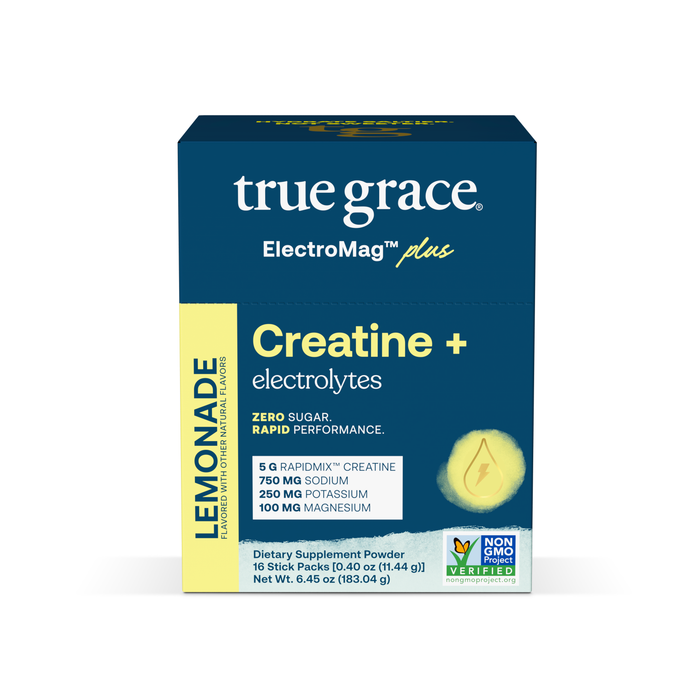 A box of True Grace ElectroMag™ Plus Creatine Lemonade Powder Packets features key ingredients, a yellow LEMONADE label, and the Non-GMO Project Verified logo on the front.