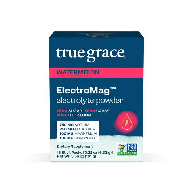 Discover True Graces ElectroMag™—a watermelon-flavored electrolyte in a blue box, offering hydration magic with 0 sugar/carbs. Each stick pack delivers 750 mg sodium, 250 mg potassium, 100 mg magnesium, and medicinal mushrooms. Non-GMO verified for optimal wellness.