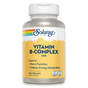 A bottle of Solaray Vitamin B Complex Veg Capsule features the Solaray logo, a yellow and white label with rainbow design, and text emphasizing energy support for nerves, cellular metabolism, and immune system function.