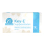 Carlson Labs Key E Suppositories come in a white and blue box with a leaf design, featuring the brand and product name, and stating 12 non-GMO vitamin E moisturizing inserts.