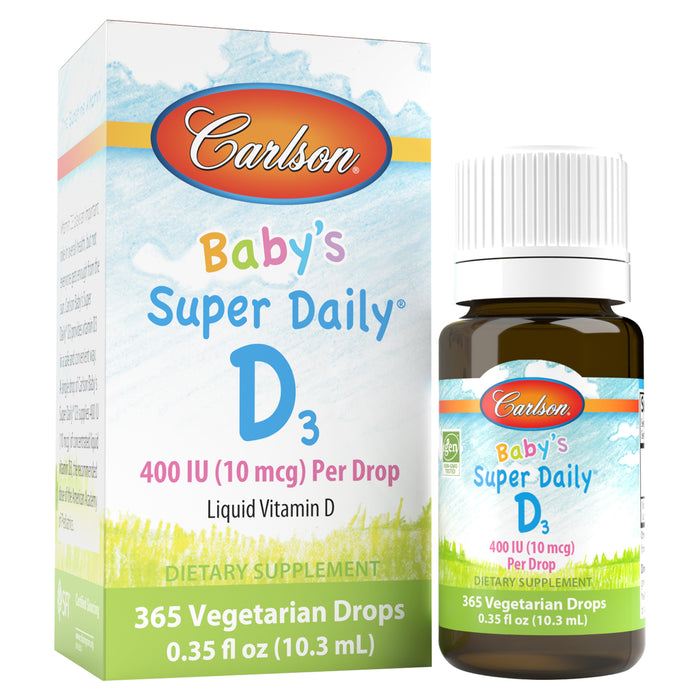 Carlson Labs Baby Super Daily D3, 0.35 fl oz (10.3 mL), provides 400 IU vitamin D3 per drop for babies. Features a colorful, child-friendly label and is an ideal vitamin D supplement for infants.