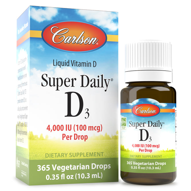 A box and bottle of Carlson Labs Super Daily D3, 4,000 IU (100 mcg) per drop, 365 vegetarian drops, 0.35 fl oz (10.3 mL), with a blue and green design for daily vitamin D support.